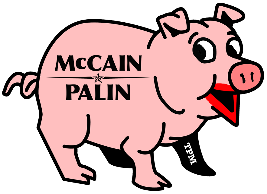 A cartoon pig wearing lipstick, it has the words McCain/Palin on it's side