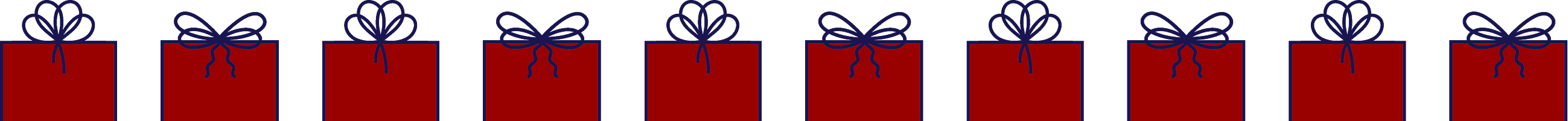 a row of gift boxes with ribbons