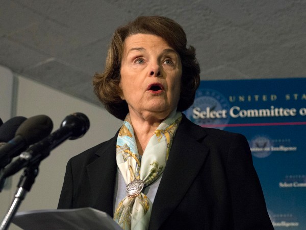 Senate Intelligence Committee Chair Sen. Dianne Feinstein, D-Calif. speaks after a closed-door meeting on Capitol Hill in Washington, Thursday, April 3, 2014, as the panel votes to approve declassifying part of a secret report on Bush-era interrogations of terrorism suspects puts the onus on the CIA and a reluctant White House to speed the release of one of the most definitive accounts about the government's actions after the 9/11 attacks. Members of the intelligence community raised concerns that the committee failed to interview top spy agency officials who had authorized or supervised the brutal interrogations.  (AP Photo/Molly Riley)