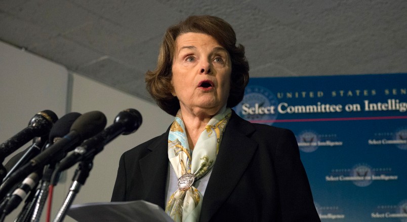 Senate Intelligence Committee Chair Sen. Dianne Feinstein, D-Calif. speaks after a closed-door meeting on Capitol Hill in Washington, Thursday, April 3, 2014, as the panel votes to approve declassifying part of a secret report on Bush-era interrogations of terrorism suspects puts the onus on the CIA and a reluctant White House to speed the release of one of the most definitive accounts about the government's actions after the 9/11 attacks. Members of the intelligence community raised concerns that the committee failed to interview top spy agency officials who had authorized or supervised the brutal interrogations.  (AP Photo/Molly Riley)