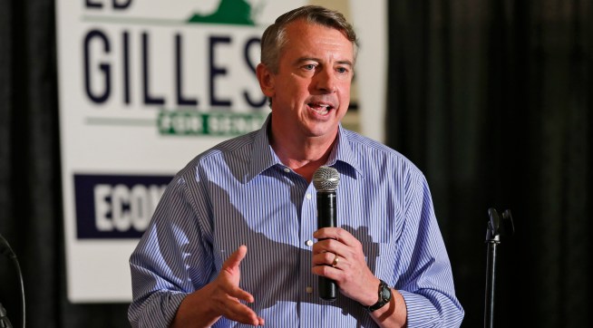 Republican US Senate candidate, Ed Gillespie, speaks during a rally in Ashland, Va., Wednesday, Oct. 15, 2014. (AP Photo/Steve Helber)
