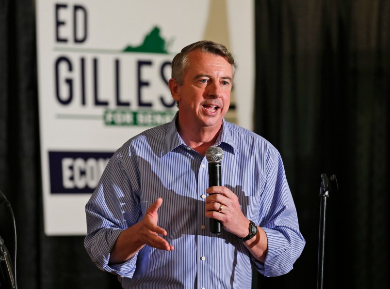 Republican US Senate candidate, Ed Gillespie, speaks during a rally in Ashland, Va., Wednesday, Oct. 15, 2014. (AP Photo/Steve Helber)