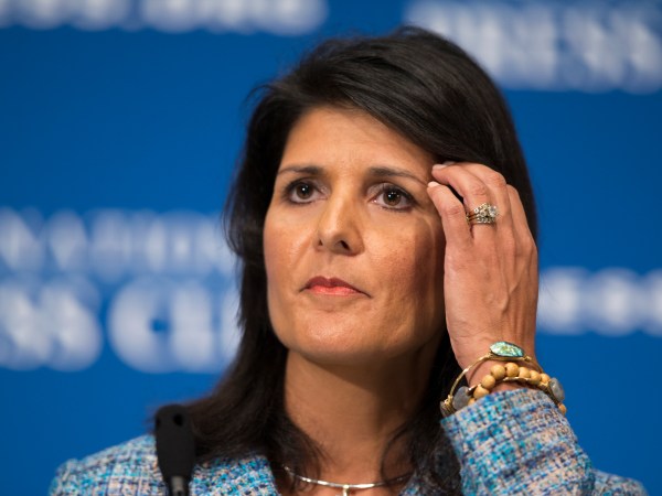 Gov. Nikki Haley, R- S.C., delivers a speech on "Lessons from the New South" during a luncheon at the National Press Club, on Wednesday, Sept. 2, 2015, in Washington. (AP Photo/Evan Vucci)