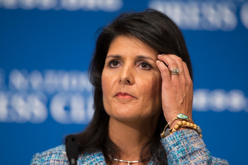Gov. Nikki Haley, R- S.C., delivers a speech on "Lessons from the New South" during a luncheon at the National Press Club, on Wednesday, Sept. 2, 2015, in Washington. (AP Photo/Evan Vucci)