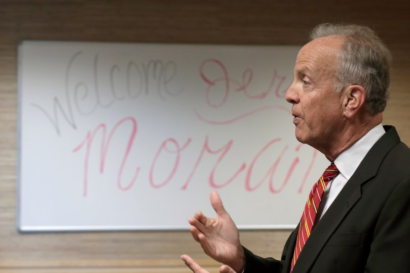 Kansas Sen. Jerry Moran talks to constituents at a town hall meeting Monday, Aug. 10, 2015, in Wamego, Kan. (AP Photo/Charlie Riedel)