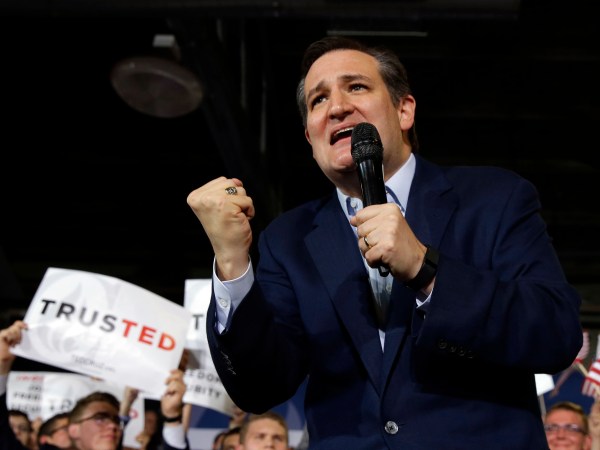 Republican presidential candidate Sen. Ted Cruz, R-Texas, speaks during a rally at the Hoosier Gym in Knightstown, Ind., Tuesday, April 26, 2016. (AP Photo/Michael Conroy)