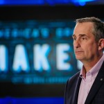 In this Tuesday, March 1, 2016, photo, Intel CEO Brian Krzanich appears on set of "America's Greatest Makers," a new reality TV challenge where teams of makers invent game-changing technology all for a chance at a $1 million prize at the Saticoy Studios in the Van Nuys neighborhood of Los Angeles. Krzanich believes the market for connected devices will grow immensely, from the roughly 6 billion smartphones today to some 50 billion smart devices by the end of the decade. The show, he hopes, will help his company's bottom line and electrify the entrepreneurial spirit of technology buffs. (AP Photo/Damian Dovarganes)