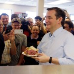 Republican presidential candidate, Sen. Ted Cruz, R-Texas holds his sandwich during a campaign stop at Shapiro's Delicatessen, Thursday, April 21, 2016, in Indianapolis. (AP Photo/Darron Cummings)