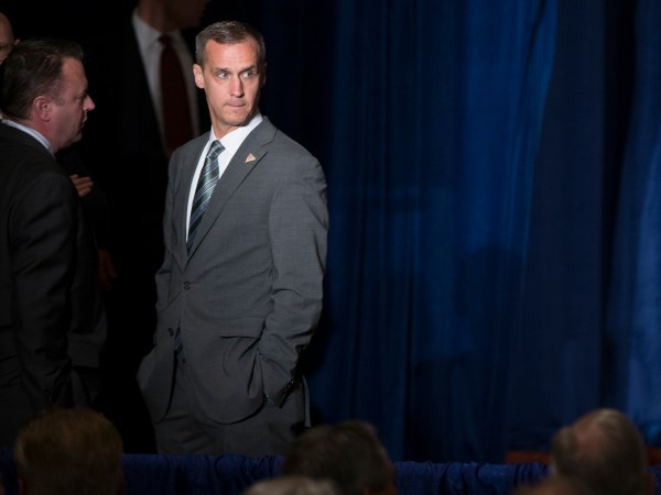 Corey Lewandowski, campaign manager for Republican presidential candidate Donald Trump, waits before the start of a foreign policy speech at the Mayflower Hotel in Washington, Wednesday, April 27, 2016. Trump's highly anticipated foreign policy speech Wednesday will test whether the Republican presidential front-runner, known for his raucous rallies and eyebrow-raising statements, can present a more presidential persona as he works to unite the GOP establishment behind him. (AP Photo/Evan Vucci)