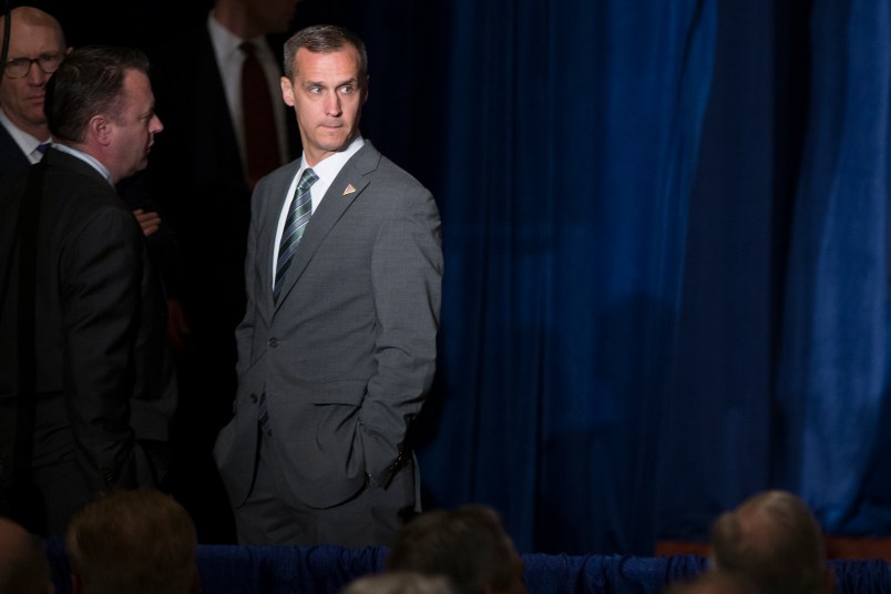 Corey Lewandowski, campaign manager for Republican presidential candidate Donald Trump, waits before the start of a foreign policy speech at the Mayflower Hotel in Washington, Wednesday, April 27, 2016. Trump's highly anticipated foreign policy speech Wednesday will test whether the Republican presidential front-runner, known for his raucous rallies and eyebrow-raising statements, can present a more presidential persona as he works to unite the GOP establishment behind him. (AP Photo/Evan Vucci)
