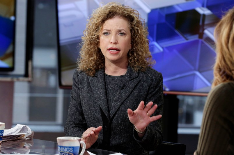 Democratic National Committee Chair,  Rep Debbie Wasserman Schultz, D-Fla., is interviewed by Maria Bartiromo during her "Mornings with Maria" program, on the Fox Business Network, Monday, March 21, 2016, in New York. (AP Photo/Richard Drew)