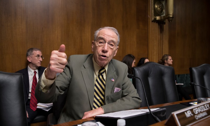 Senate Judiciary Committee Chairman Chuck Grassley, R-Iowa, whose panel is responsible for vetting judicial appointments, arrives for a hearing shortly after President Barack Obama announced Judge Merrick Garland as his nominee to replace the late Justice Antonin Scalia on the Supreme Court, on Capitol Hill in Washington, Wednesday, March 16, 2016. Senate Majority Leader Mitch McConnell, R-Ky., repeated his steadfast opposition to holding confirmation hearing in the Judiciary Committee in President Obama’s last months in the White House and made it clear in a speech on the floor that the GOP-led Senate will not consider President Barack Obama's nominee, Merrick Garland, but will wait until after the next president is in place.  (AP Photo/J. Scott Applewhite)