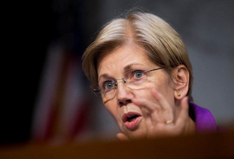 Committee member  Sen. Elizabeth Warren, D-Ma.,  questions witnesses  during a Senate Specials Committee on Aging hearing on drastic price hikes by Valeant and a handful of other drugmakers that have stoked outrage from patients, physicians and politicians nationwide, on Capitol Hill in Washington, Wednesday, April 27, 2016,. (AP Photo/Manuel Balce Ceneta)