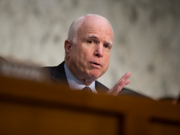 Senate Armed Services Committee Chairman Sen. John McCain, R-Ariz. speaks on Capitol Hill in Washington, Thursday, April 28, 2016, during the committee's hearing on the Islamic State group. McCain is calling the U.S. response to the extremists reactive, slow, and insufficient. (AP Photo/Evan Vucci)