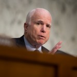Senate Armed Services Committee Chairman Sen. John McCain, R-Ariz. speaks on Capitol Hill in Washington, Thursday, April 28, 2016, during the committee's hearing on the Islamic State group. McCain is calling the U.S. response to the extremists reactive, slow, and insufficient. (AP Photo/Evan Vucci)