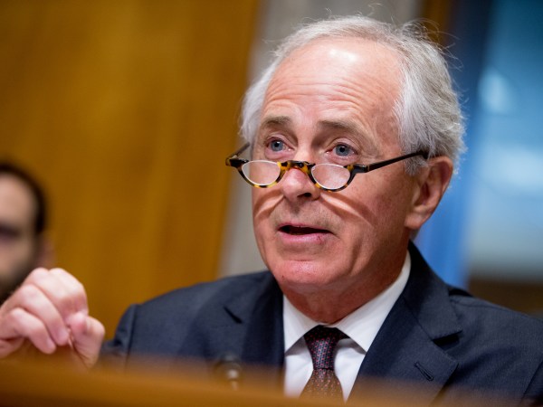 Chairman Bob Corker, R-Tenn., questions State Department Under Secretary for Political Affairs Thomas Shannon, Jr., as he testifies at a Senate Foreign Relations Committee hearing on Capitol Hill in Washington, Tuesday, April 5, 2016, on recent Iranian actions and implementation of the nuclear deal. (AP Photo/Andrew Harnik)