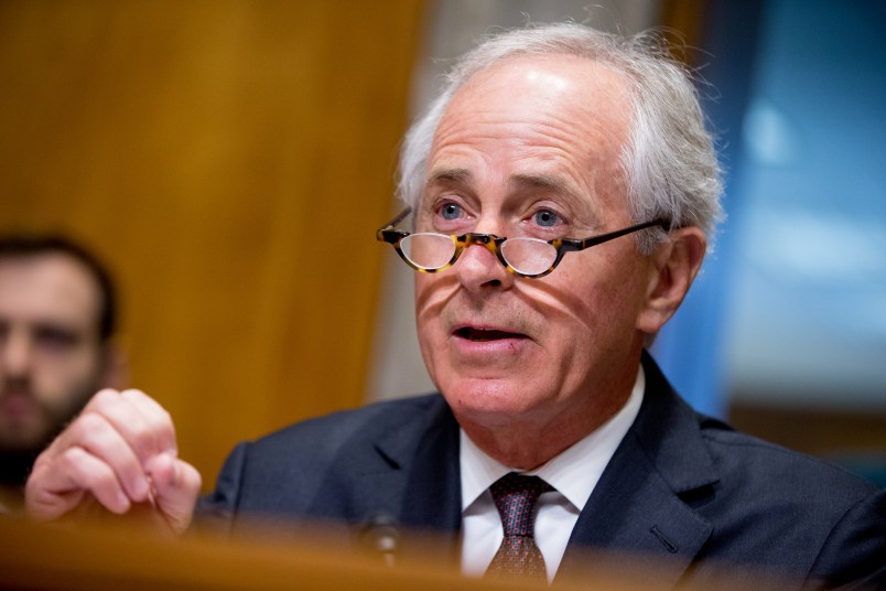Chairman Bob Corker, R-Tenn., questions State Department Under Secretary for Political Affairs Thomas Shannon, Jr., as he testifies at a Senate Foreign Relations Committee hearing on Capitol Hill in Washington, Tuesday, April 5, 2016, on recent Iranian actions and implementation of the nuclear deal. (AP Photo/Andrew Harnik)