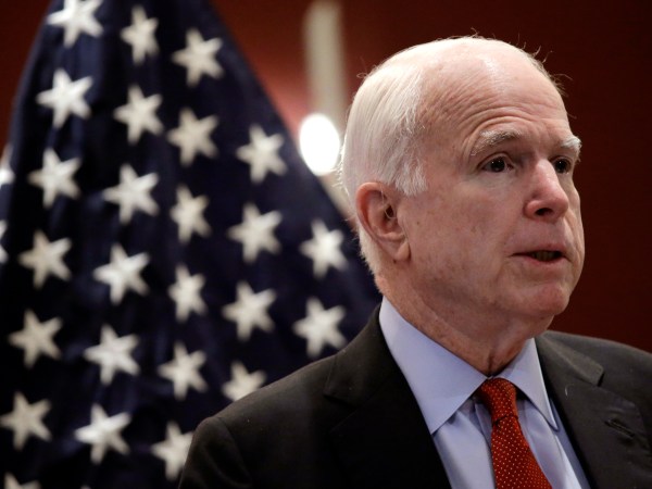 Sen. John McCain, R-Ariz delivers his speech titled “America’s Enduring Commitment to Security and Prosperity in Asia” at the S. Rajaratnam School of International Studies (RSIS) Distinguished Public Lecture on Friday, June 3, 2016 in Singapore. (AP Photo/Wong Maye-E)