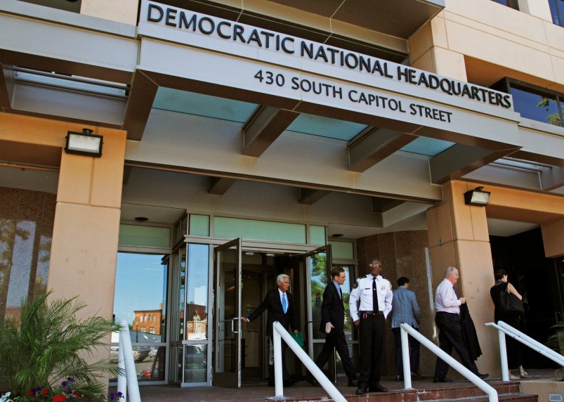 Two ‘sophisticated adversaries’ linked to the Russian government broke in to the Democratic National Committee’s computer networks and gained access to confidential emails, chats and opposition research on presumptive Republican nominee Donald Trump, Tuesday, June 14, 2016, in Washington. The DNC said financial and personal information does not appear to have been accessed by the hackers. (AP Photo/Paul Holston)
