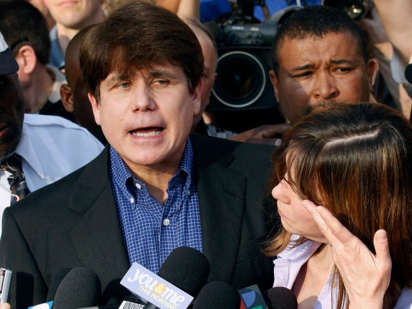 FILE - In this March 14, 2012, file photo, former Illinois Gov. Rod Blagojevich speaks to the media outside his home in Chicago as his wife, Patti, wipes away tears a day before he was to report to a prison after his conviction on corruption charges. On Monday, July 25, 2016, federal prosecutors said statements Blagojevich has made prove he isn't "deserving of leniency." A resentencing hearing is scheduled next month for Blagojevich, who is hoping a federal judge will give him a five-year sentence instead of his original 14 years. (AP Photo/M. Spencer Green, File)