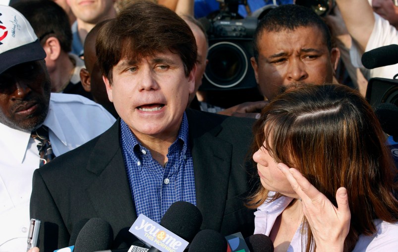 FILE - In this March 14, 2012, file photo, former Illinois Gov. Rod Blagojevich speaks to the media outside his home in Chicago as his wife, Patti, wipes away tears a day before he was to report to a prison after his conviction on corruption charges. On Monday, July 25, 2016, federal prosecutors said statements Blagojevich has made prove he isn't "deserving of leniency." A resentencing hearing is scheduled next month for Blagojevich, who is hoping a federal judge will give him a five-year sentence instead of his original 14 years. (AP Photo/M. Spencer Green, File)