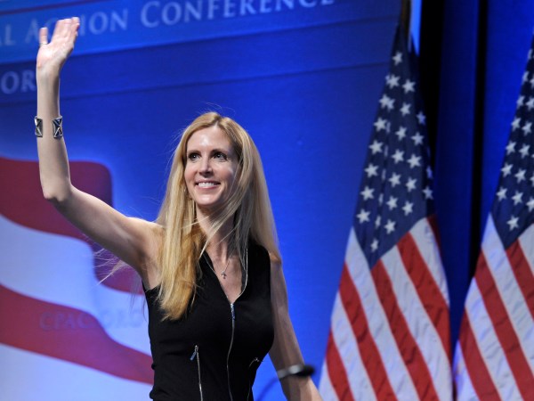 Ann Coulter waves to the audience after speaking at the Conservative Political Action Conference (CPAC) in Washington, Saturday, Feb. 12, 2011. The annual gathering of more than 11,000 conservatives marked the unofficial start of the GOP presidential nomination fight. (AP Photo/Cliff Owen)