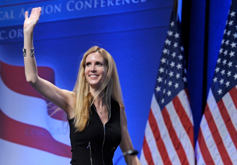 Ann Coulter waves to the audience after speaking at the Conservative Political Action Conference (CPAC) in Washington, Saturday, Feb. 12, 2011. The annual gathering of more than 11,000 conservatives marked the unofficial start of the GOP presidential nomination fight. (AP Photo/Cliff Owen)
