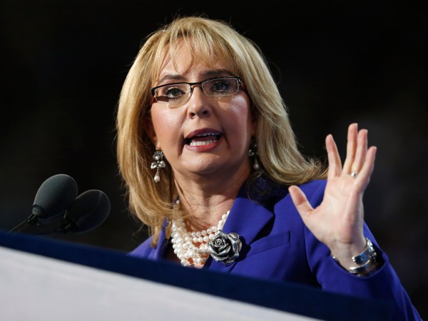 Former Rep. Gabby Giffords, D-Ariz, speaks during the third day session of the Democratic National Convention in Philadelphia, Wednesday, July 27, 2016. (AP Photo/Carolyn Kaster)