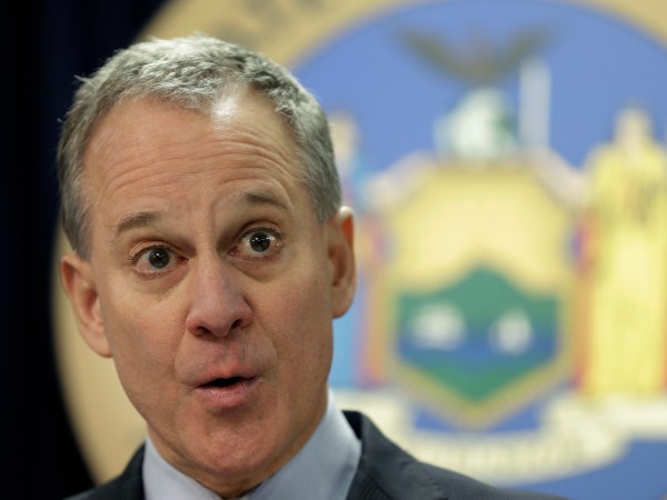 New York Attorney General Eric Schneiderman speaks at a new conference in New York, Monday, March 21, 2016. The nation's two largest daily fantasy sports websites have agreed to stop taking paid bets in New York through the end of baseball season, in September, as lawmakers consider legalizing the popular online contests, the state's attorney general announced Monday. (AP Photo/Seth Wenig)