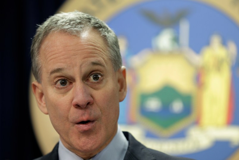 New York Attorney General Eric Schneiderman speaks at a new conference in New York, Monday, March 21, 2016. The nation's two largest daily fantasy sports websites have agreed to stop taking paid bets in New York through the end of baseball season, in September, as lawmakers consider legalizing the popular online contests, the state's attorney general announced Monday. (AP Photo/Seth Wenig)