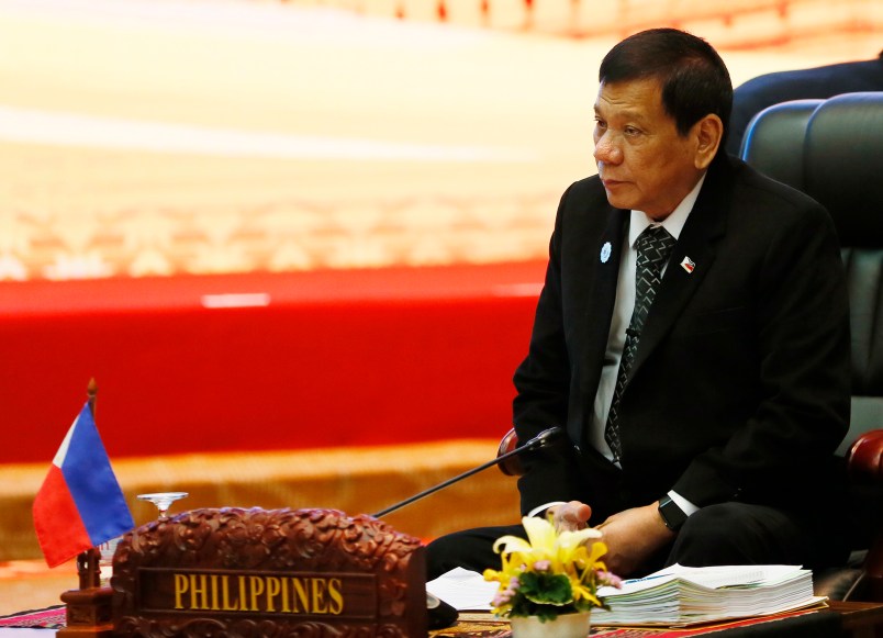 Philippine President Rodrigo Duterte sits for the retreat session in the ongoing 28th and 29th ASEAN Summits and other related summits at the National Convention Center Wednesday, Sept. 7, 2016 in Vientiane, Laos.(AP Photo/Bullit Marquez)