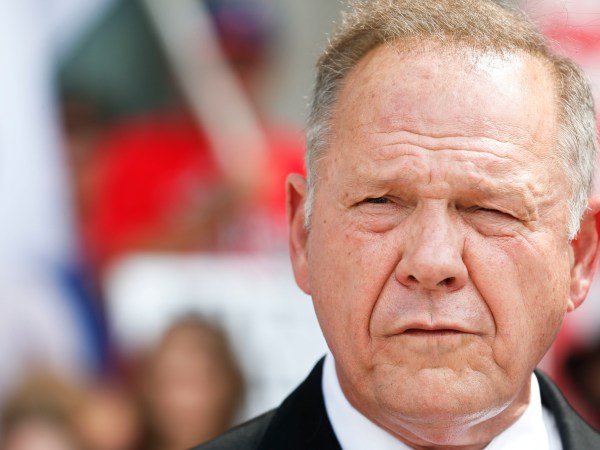Alabama Chief Justice Roy Moore speaks to the media during a press conference, Monday, Aug. 8, 2016, in Montgomery, Ala. The chief justice continues to fight against gay marriage in Alabama. Moore has been suspended from office after the Judicial Inquiry Commission accused him of violating the canons of judicial ethics with his actions during the fight over same-sex marriage. Moore will attend a hearing Monday that will determine the course of the judicial ethics case against the suspended Alabama Chief Justice. (AP Photo/Brynn Anderson)