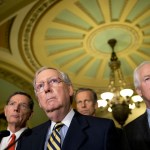Sen. John Barrasso, R-Wyo., left, Majority Leader Mitch McConnell, from Kentucky, Sen. John Thune, R-S.D., and Republican Whip Sen. John Cornyn, R-Texas, listen to a question after their policy luncheon, on Capitol Hill, Tuesday, June 21, 2016 in Washington. (AP Photo/Alex Brandon)