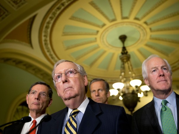 Sen. John Barrasso, R-Wyo., left, Majority Leader Mitch McConnell, from Kentucky, Sen. John Thune, R-S.D., and Republican Whip Sen. John Cornyn, R-Texas, listen to a question after their policy luncheon, on Capitol Hill, Tuesday, June 21, 2016 in Washington. (AP Photo/Alex Brandon)