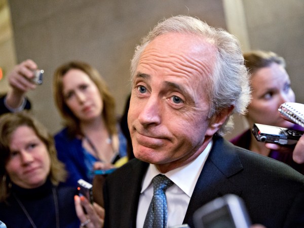 FILE -- In this photo from Friday, Oct. 11, 2013, Sen. Bob Corker, R-Tenn., speaks to reporters on Capitol Hill in Washington about the government stalemate. Corker, chairman of the Senate Foreign Relations Committee, removed himself Wednesday from consideration as Donald Trump’s vice-presidential running mate.   (AP Photo/J. Scott Applewhite, File)