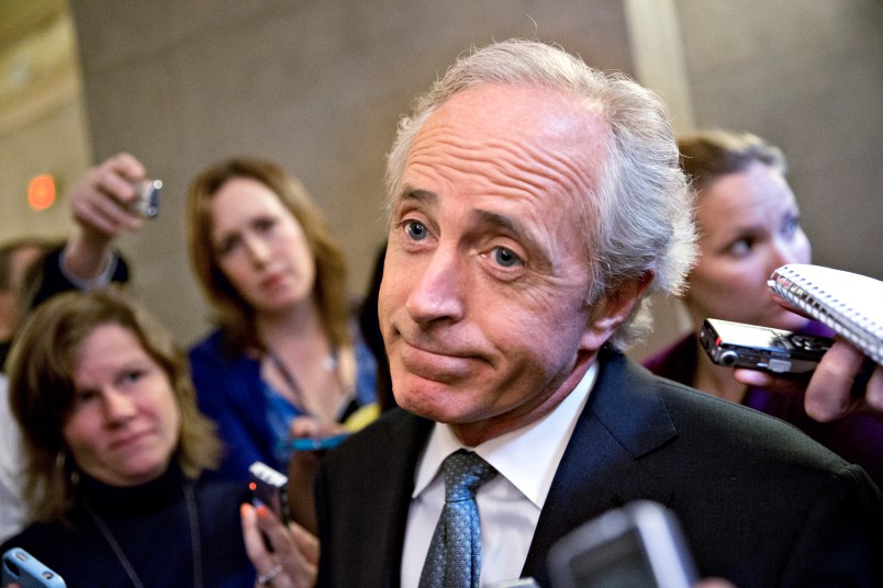 FILE -- In this photo from Friday, Oct. 11, 2013, Sen. Bob Corker, R-Tenn., speaks to reporters on Capitol Hill in Washington about the government stalemate. Corker, chairman of the Senate Foreign Relations Committee, removed himself Wednesday from consideration as Donald Trump’s vice-presidential running mate.   (AP Photo/J. Scott Applewhite, File)