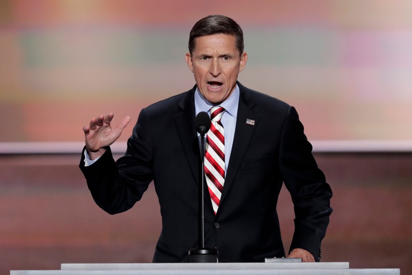 Lt. Gen. Michael Flynn, U.S. Army (ret), speaks during the opening day of the Republican National Convention in Cleveland, Monday, July 18, 2016. (AP Photo/J. Scott Applewhite)