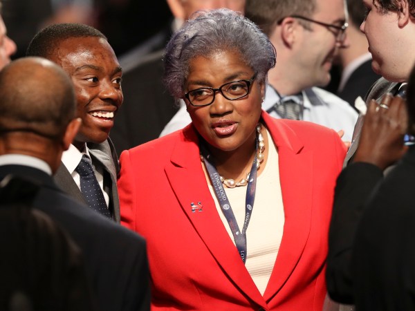 Democratic party chairperson Donna Brazile talks with audience members before the debate between Republican vice-presidential nominee Gov. Mike Pence and Democratic vice-presidential nominee Sen. Tim Kaine at Longwood University in Farmville, Va., Tuesday, Oct. 4, 2016. (Joe Raedle/Pool via AP)