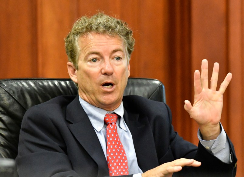 Senator Rand Paul, R-Ky., speaks to the board of the Kentucky Farm Bureau during the candidates forum at the Kentucky Farm Bureau headquarters, Thursday, Aug. 25, 2016 in Louisville Ky. (AP Photo/Timothy D. Easley)