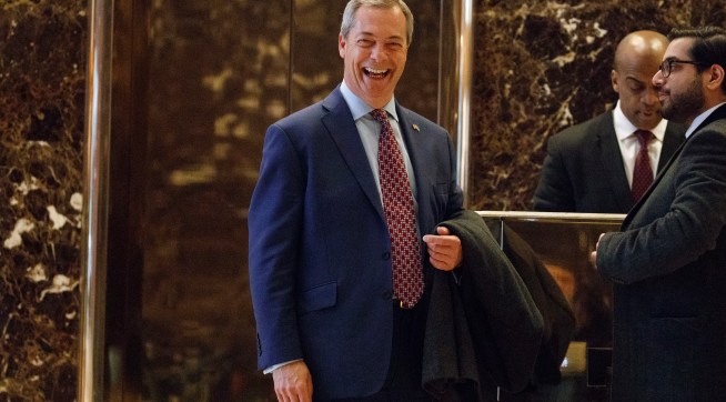 U.K. Independence Party leader Nigel Farage smiles as he arrives at Trump Tower, Saturday, Nov. 12, 2016, in New York. (AP Photo/ Evan Vucci)