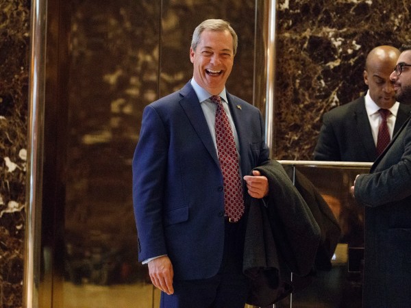 U.K. Independence Party leader Nigel Farage smiles as he arrives at Trump Tower, Saturday, Nov. 12, 2016, in New York. (AP Photo/ Evan Vucci)