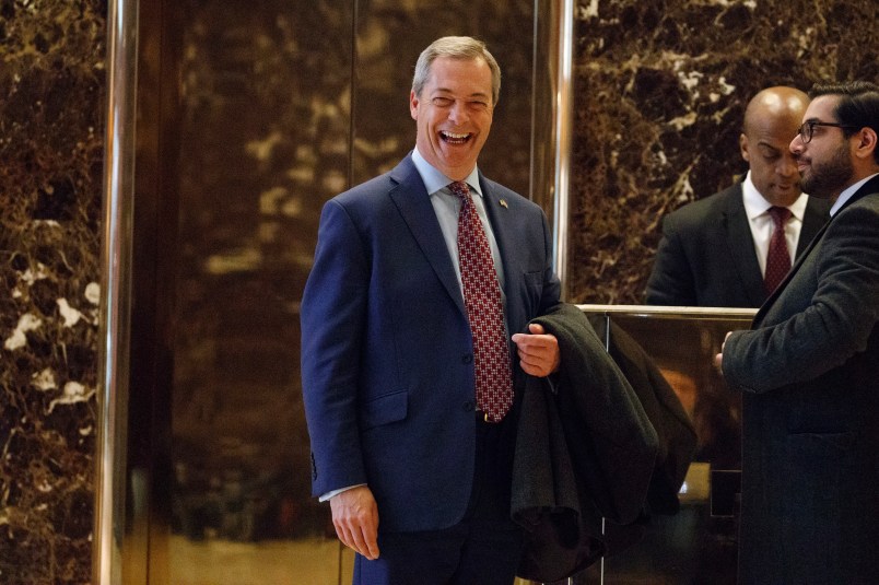 U.K. Independence Party leader Nigel Farage smiles as he arrives at Trump Tower, Saturday, Nov. 12, 2016, in New York. (AP Photo/ Evan Vucci)
