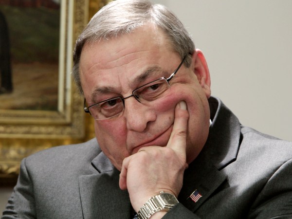 **OTK**In this Wednesday, Jan. 19, 2011 photo, Gov. Paul LePage reacts during a news conference at the State House in Augusta, Maine..  (AP Photo/Pat Wellenbach)