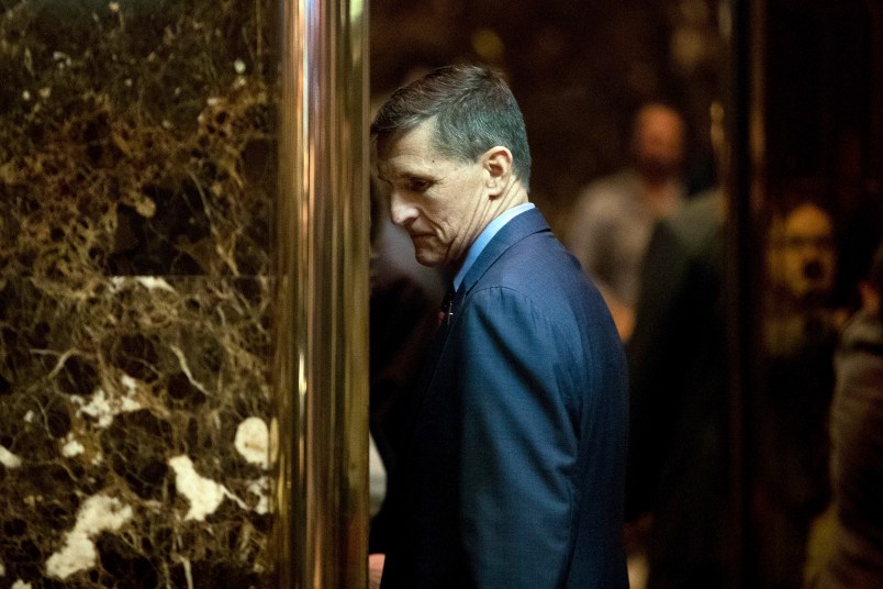 Michael Flynn, President-elect Donald Trump's nominee for National Security advisor gets in an elevator at Trump Tower, Monday, Dec. 5, 2016, in New York. (AP Photo/Andrew Harnik)