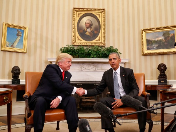 President Barack Obama and President-elect Donald Trump shake hands following their meeting in the Oval Office of the White House in Washington, Thursday, Nov. 10, 2016. (AP Photo/Pablo Martinez Monsivais)