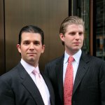 Donald Trump, Jr., left, and his brother Eric pose for photographers after attending the opening of the Trump SoHo New York, Friday, April 9, 2010. The 46 story hotel condominium has 391 units. (AP Photo/Mark Lennihan)