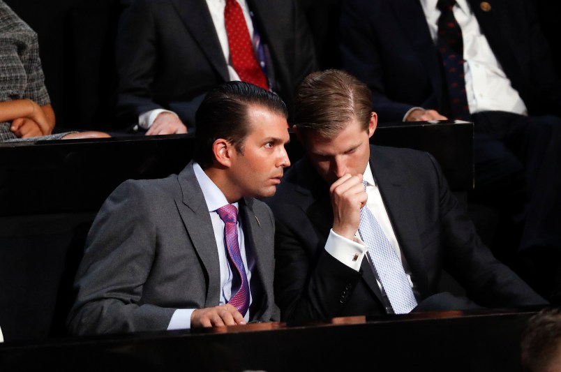 Donald Trump Jr., left, and his brother Eric talk while their father Republican Presidential Candidate Donald Trump speaks at the Republican National Convention, Thursday, July 21, 2016 in Cleveland. (AP Photo/Paul Sancya)