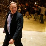 RNC communications director and chief strategist Sean Spicer leaves Trump Tower, Sunday, Nov. 13, 2016, in New York. (AP Photo/ Evan Vucci)