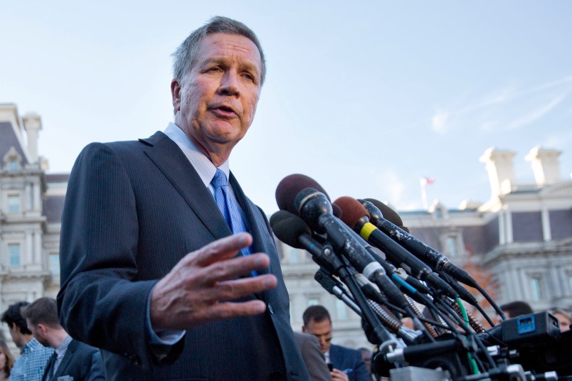 HOLD FOR SUNDAY, JAN. 15 – FILE – In this Nov. 10, 2016, file photo, Ohio Gov. John Kasich, following a ceremony where President Barack Obama honored the 2016 NBA champion Cleveland Cavaliers basketball team, answers questions from reporters outside the West Wing of the White House in Washington. In the weeks before President-elect Donald Trump’s Jan. 20, 2017, inauguration, Kasich has emerged from a period of retreat after conceding his presidential ambitions for a second time. (AP Photo/Pablo Martinez Monsivais, File)