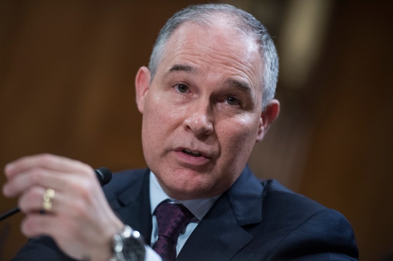 UNITED STATES - JANUARY 18: Scott Pruitt, President Trump's nominee to be administrator of the Environmental Protection Agency, testifies during his Senate Environment and Public Works Committee confirmation hearing in Dirksen Building, January 18, 2017. (Photo By Tom Williams/CQ Roll Call)  (CQ Roll Call via AP Images)